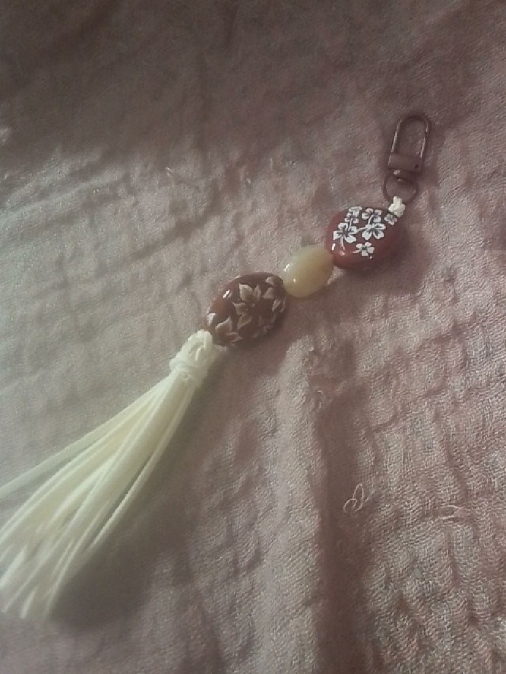 Beaded Tassel Keychain - Brown and Cream
